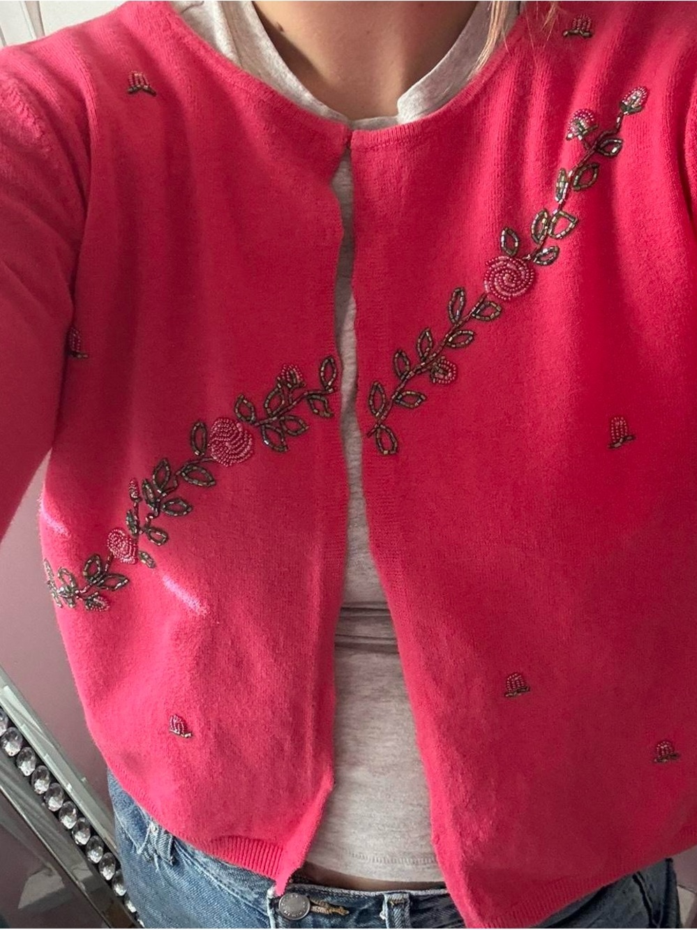 Embellished Crewneck Cardigan with Beaded Flowers | Like New